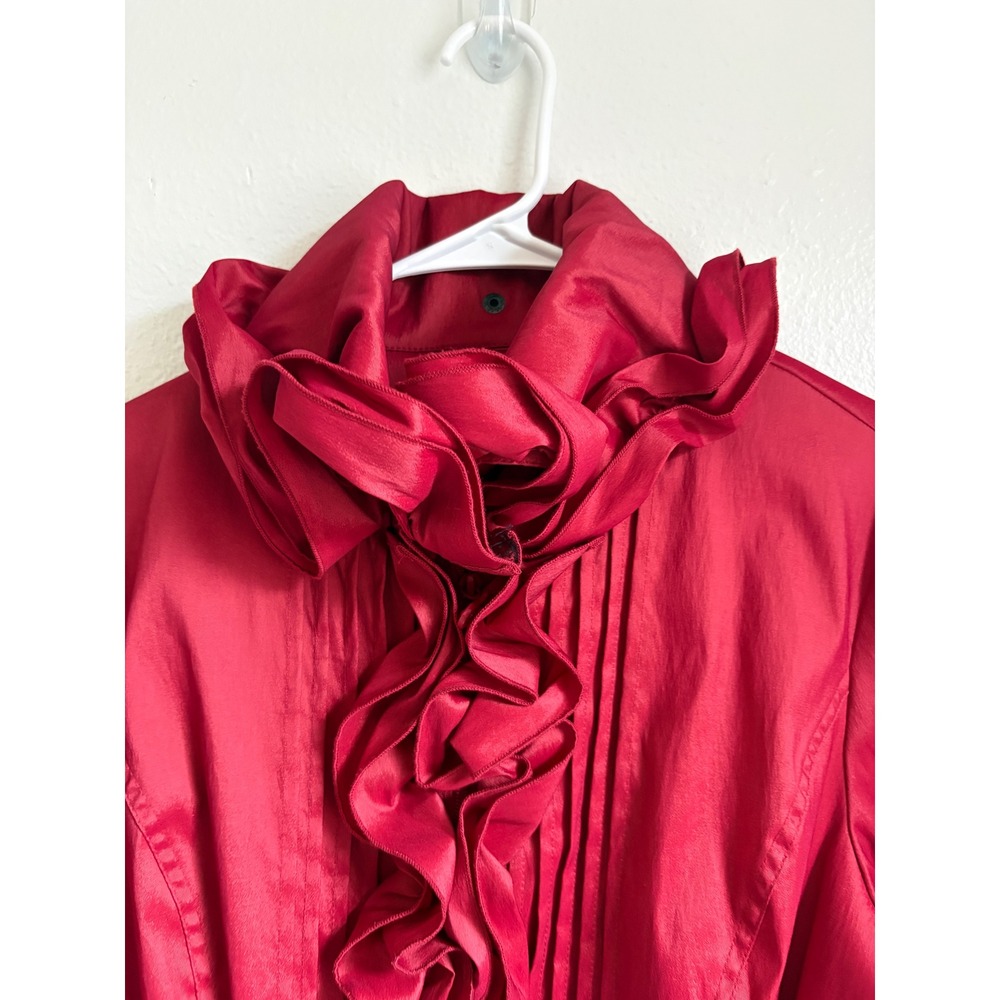 Samuel Dong Red Ruffle Trench Coat Women Small Dramatic Collar Belted Jacket - Picture 6 of 9